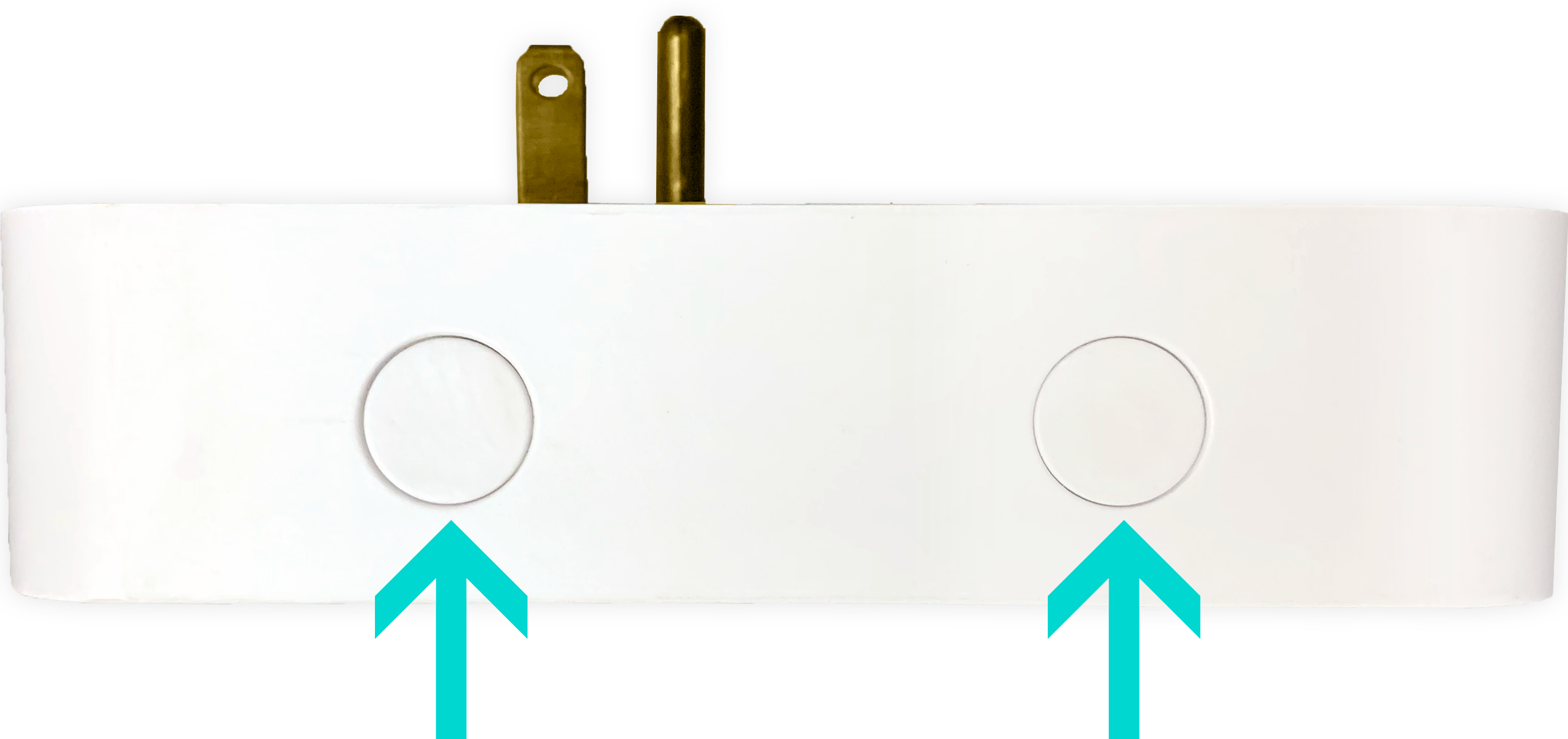 A side view of the Smart Outlet² with arrows pointing out the two round control buttons