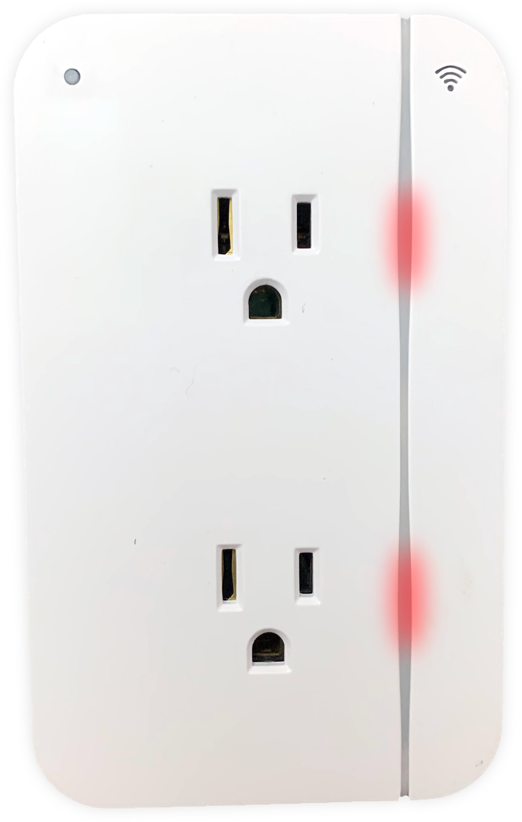 A front view of the Smart Outlet² showing red outlet indicator LEDs